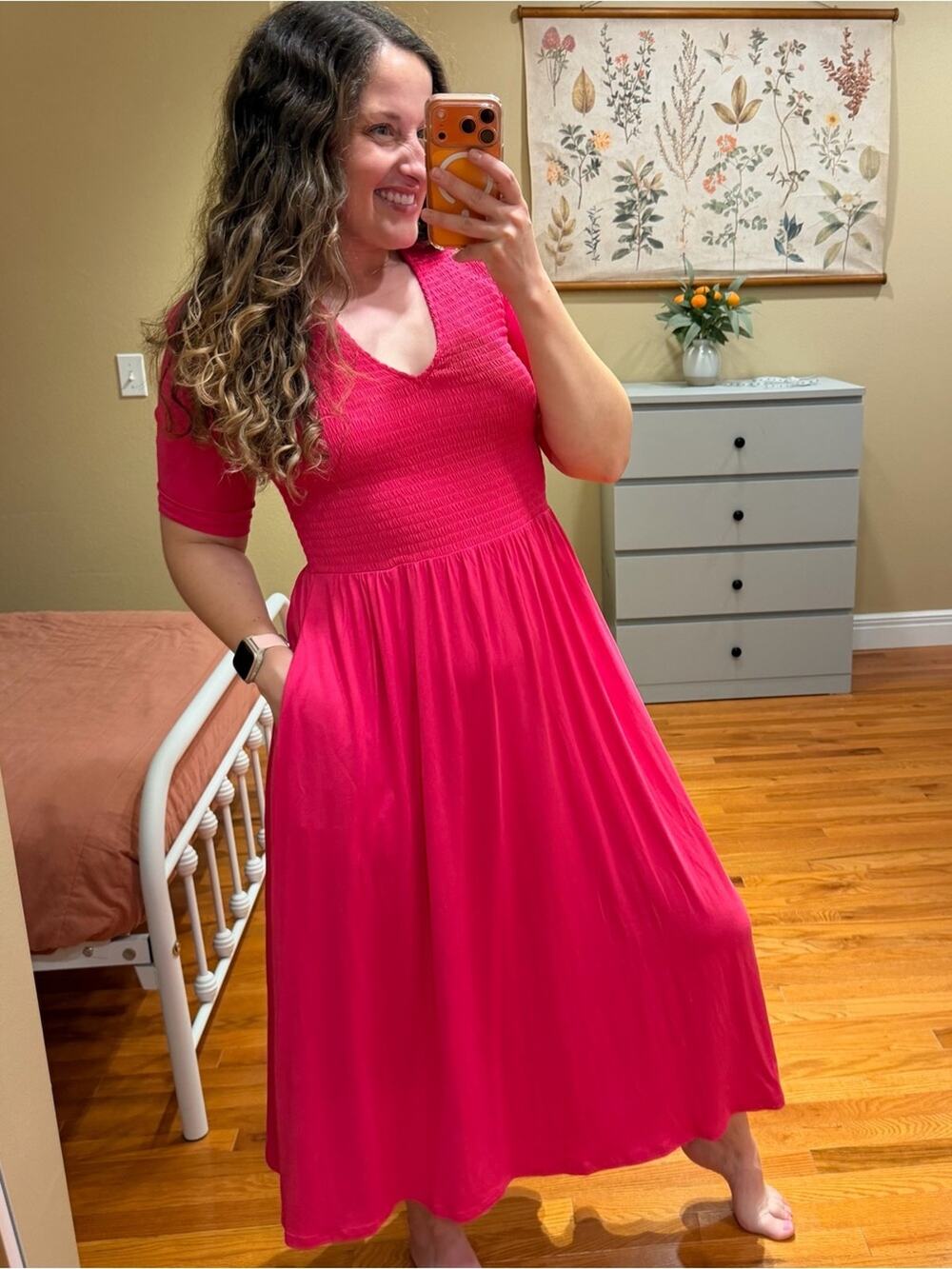 Boden Jersey Smocked Women's V-Neck Pink Maxi Dress 6R